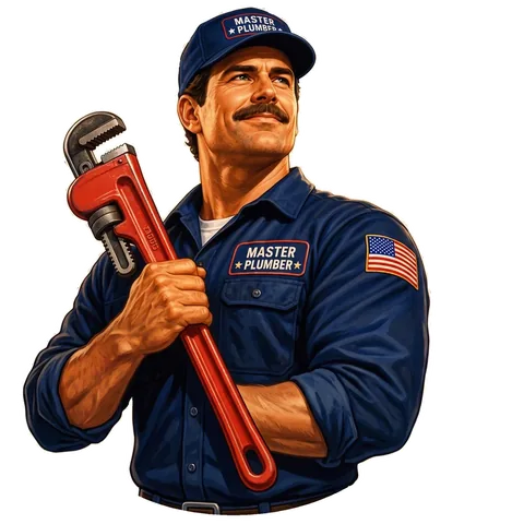 Master Plumber holding a red pipe wrench